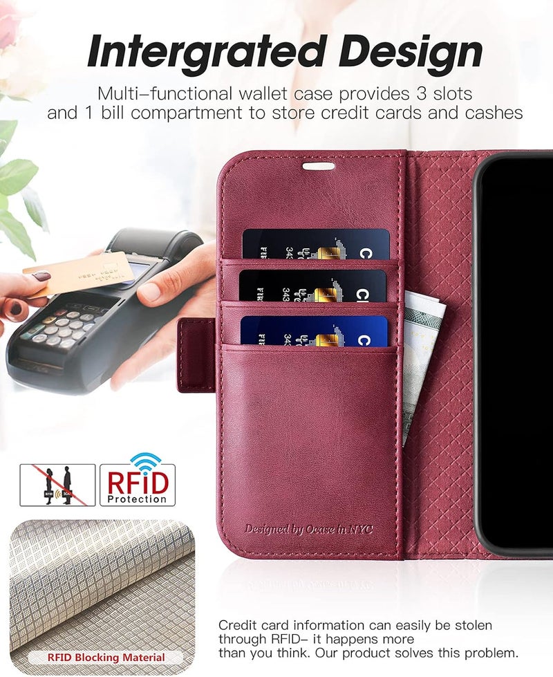 OCASE Retro Series Compatible with iPhone 13 Wallet Case with Card Holders [RFID Blocking][TPU Inner Shell ][Kickstand] PU Leather Flip Folio Shockproof Phone Cover 6.1 inch 2021 (Burgundy) - Image 3